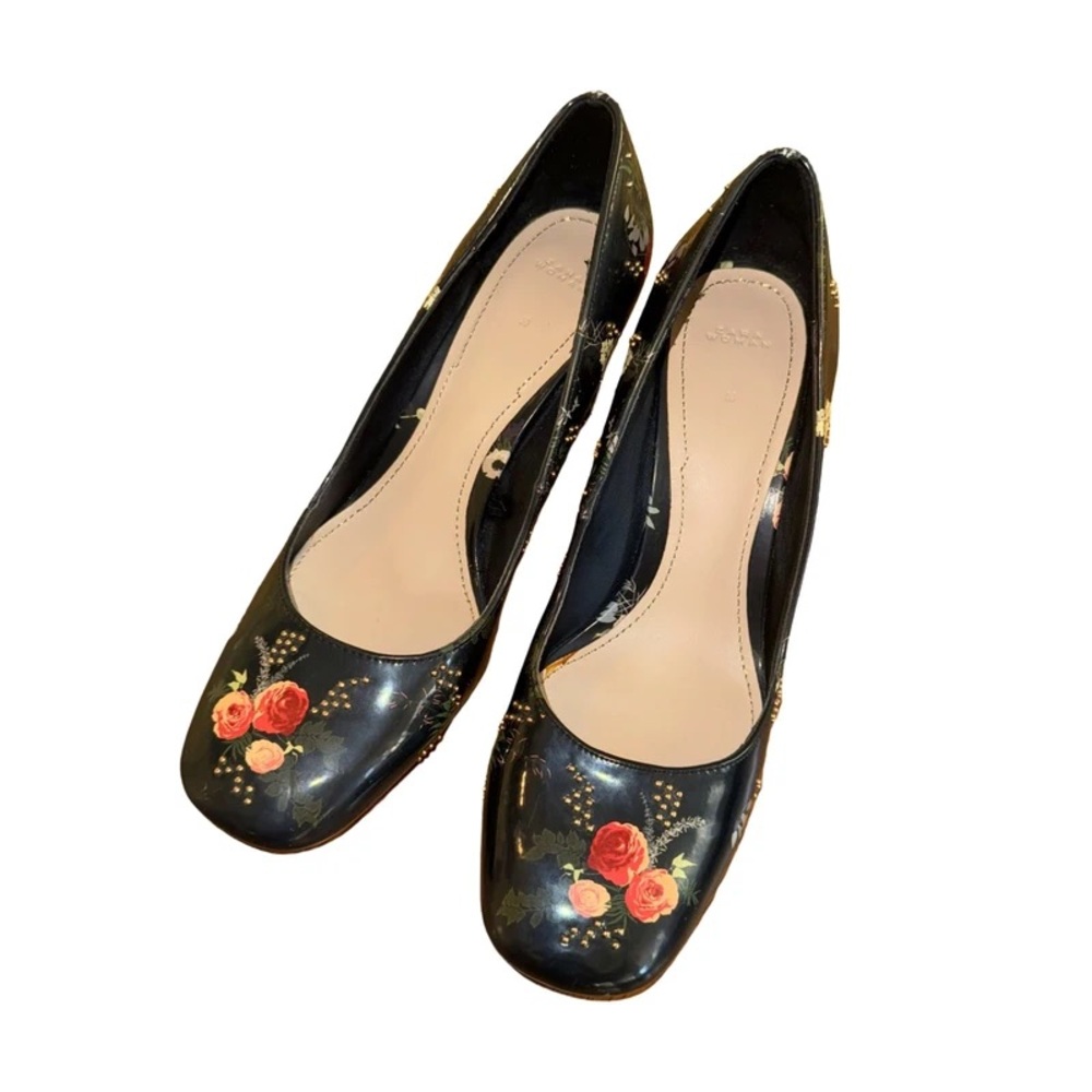 Zara Black Heels with Red Floral Design